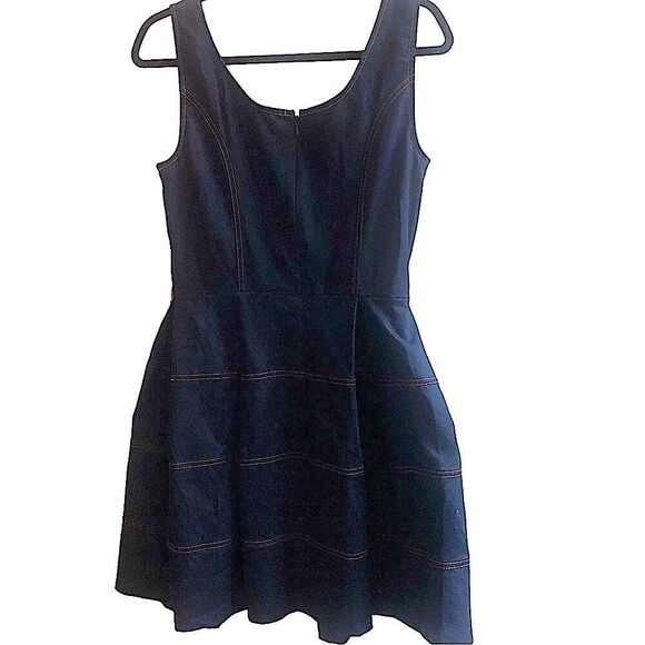 Navy Pleated Dark Denim Scoop Neck‎ Fit & Flare Mini Dress Size 10 - Picture 2 of 5